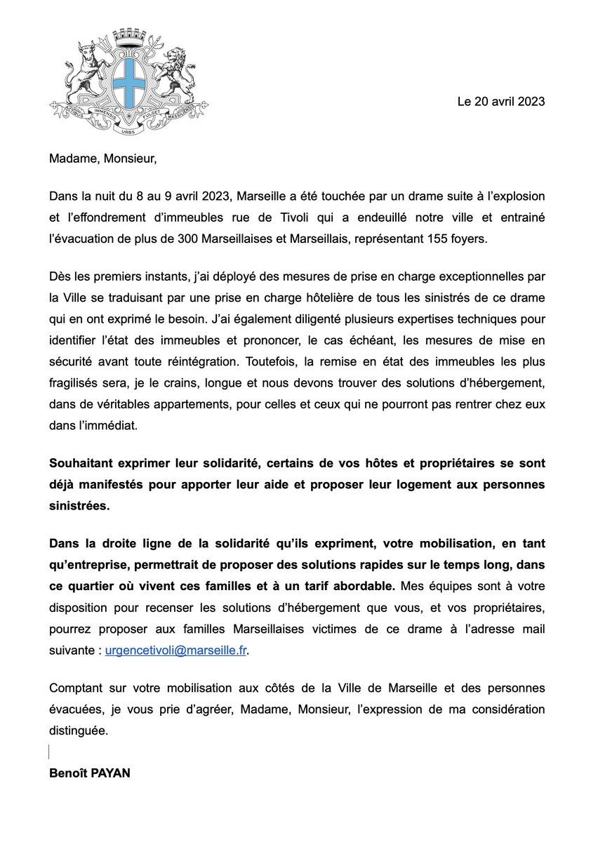BenoitPayan's tweet photo. 🔴#Tivoli - Appel à la mobilisation d’Airbnb et des plateformes de locations pour reloger les Marseillais évacués.

Prouvons que la solidarité marseillaise peut changer la donne. https://t.co/WFP3KNHOJJ