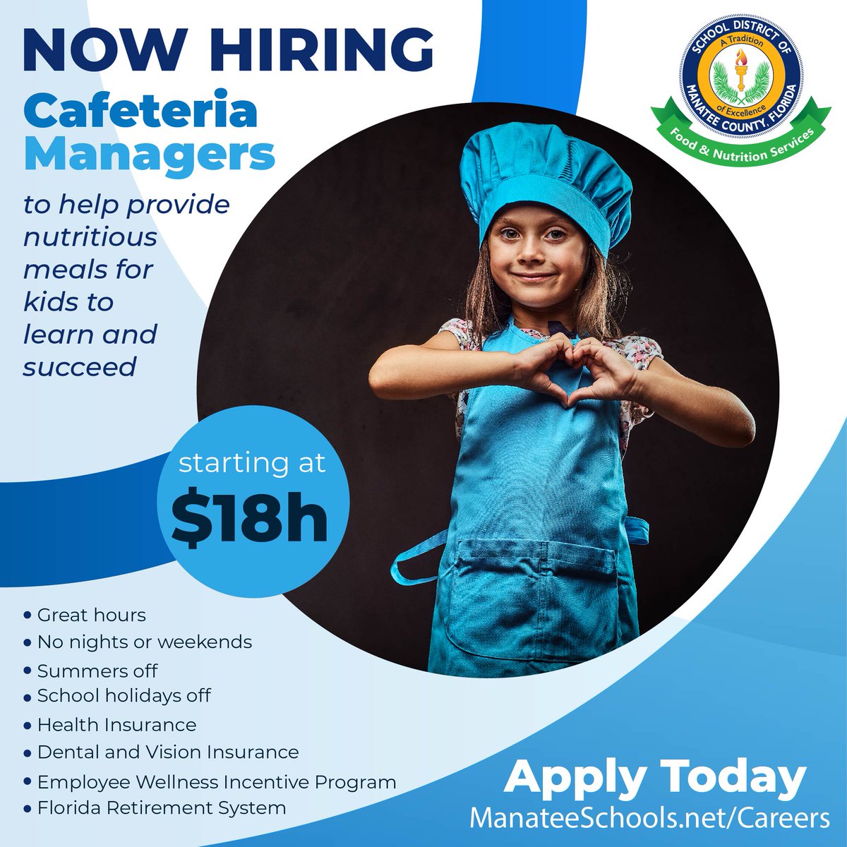 MCSD_FNS's tweet photo. Food &amp; Nutrition Services is HIRING for Cafeteria Managers. Join our team today: https://t.co/FHFQ5QEsWa search for cafeteria manager. We offer great hours, no nights or weekends, summers off, school holidays off, health insurance, FRS and so much more! https://t.co/5XYuA1sny4