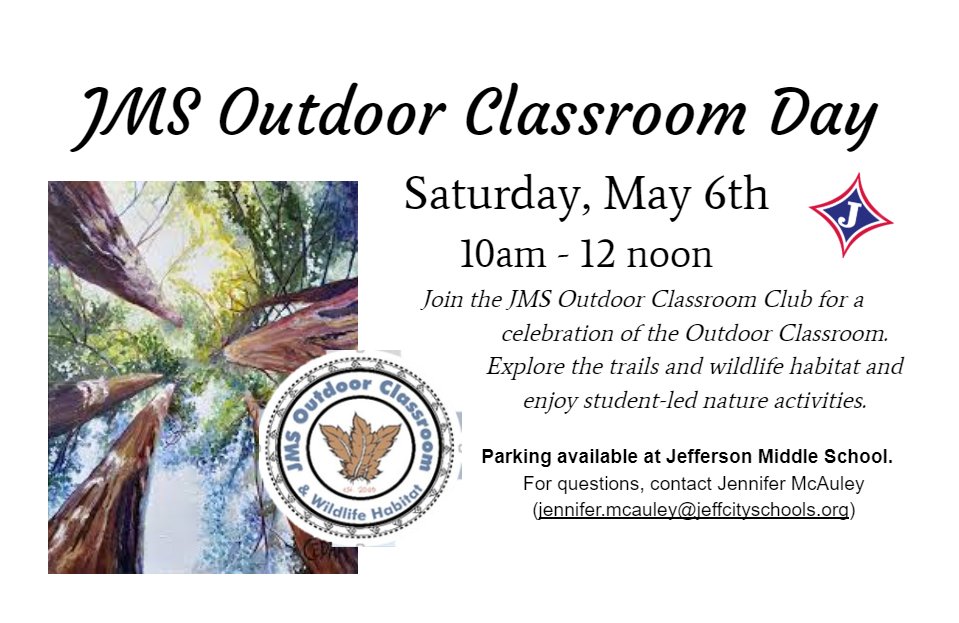 It's time for our annual JMS Outdoor Classroom Day! Join us Saturday, May 6 from 10-12 noon for a celebration of the Outdoor Classroom. Explore the trails and wildlife habitat and enjoy student-led nature activities. #jmsdragons #outdoorclassroomday