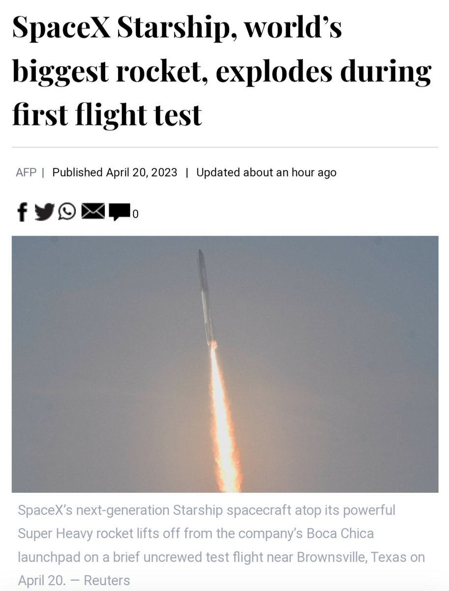 24 March 2006 - @SpaceX Falcon 1 exploded during first flight

20 April 2023 - @SpaceX starship exploded during first flight

HISTORY IN THE MAKING 
@spaceX 👏👏
#StarshipLaunch #SpaceHour