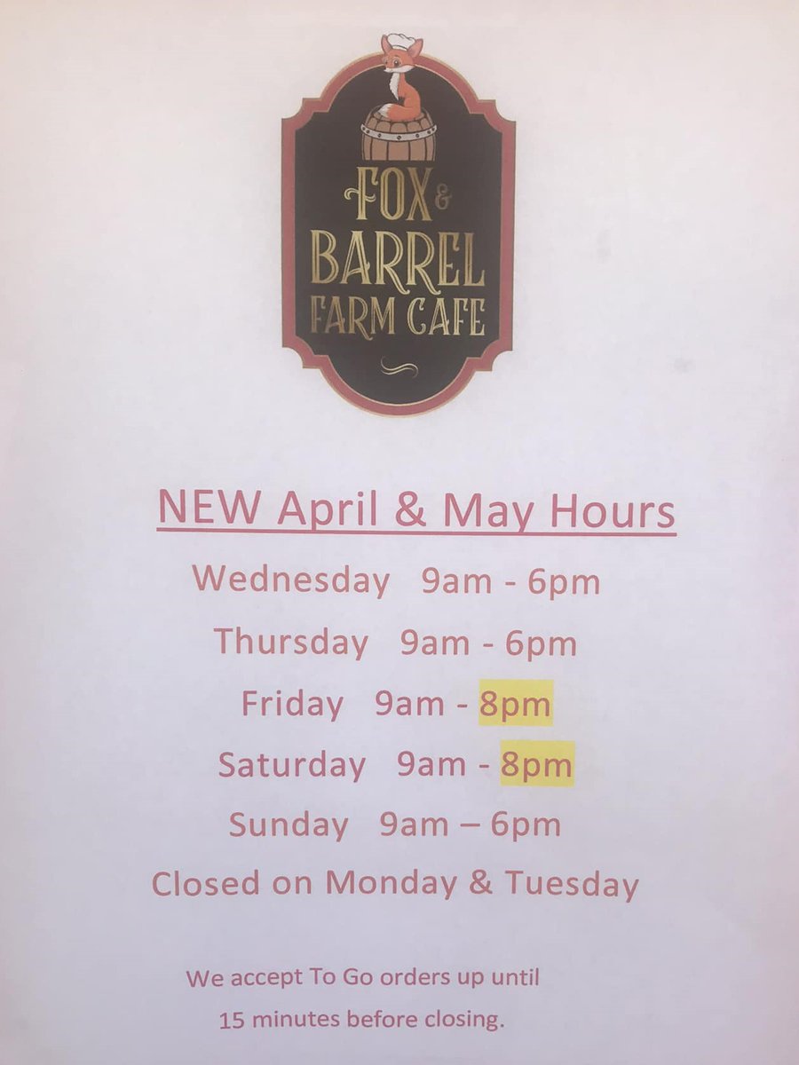 FoxnBarrel's tweet photo. Beginning tomorrow, Friday, April 21st, we will open until 8:00 pm. Come enjoy some delicious dinner with us at our local, Ellicott City restaurant or give us a call for carryout orders. (410) 600-3558

#springhours #localrestaurant #lunch #dinner #breakfast #AllDayBreakfast https://t.co/jAxzMKsrbi