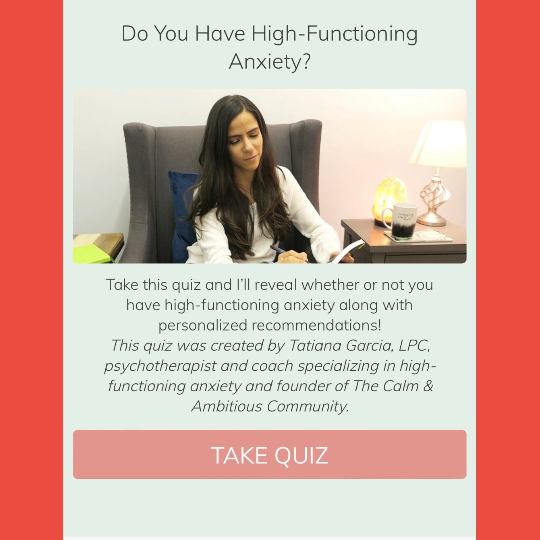 Do you have high functioning anxiety? Take Tatiana Garcia’s free quiz here: bit.ly/3yU0a2G
Thank you <a href="/tatianaglpc/">Be Calm With Tati</a>