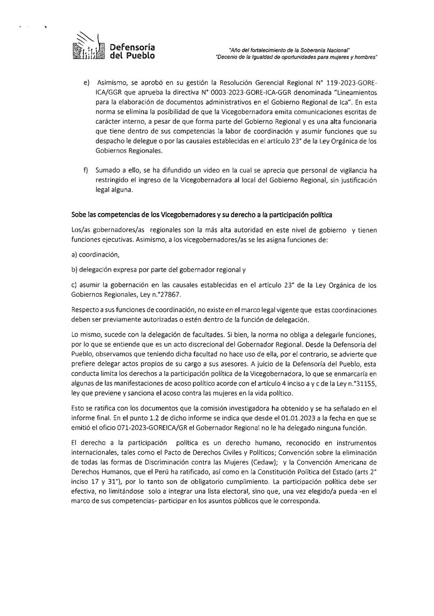 Defensoria_Peru's tweet photo. #DeUnaVezPorTodas En oficio a consejero delegado de #Ica, Luis Castro, solicitamos que, en nueva sesión convocada para el 21 de abril, se reconsidere el acuerdo adoptado en la sesión del 5 de abril, en donde se suspende a la vicegobernadora, quien denunció acoso político. (1/5) https://t.co/NqaUJHiqex