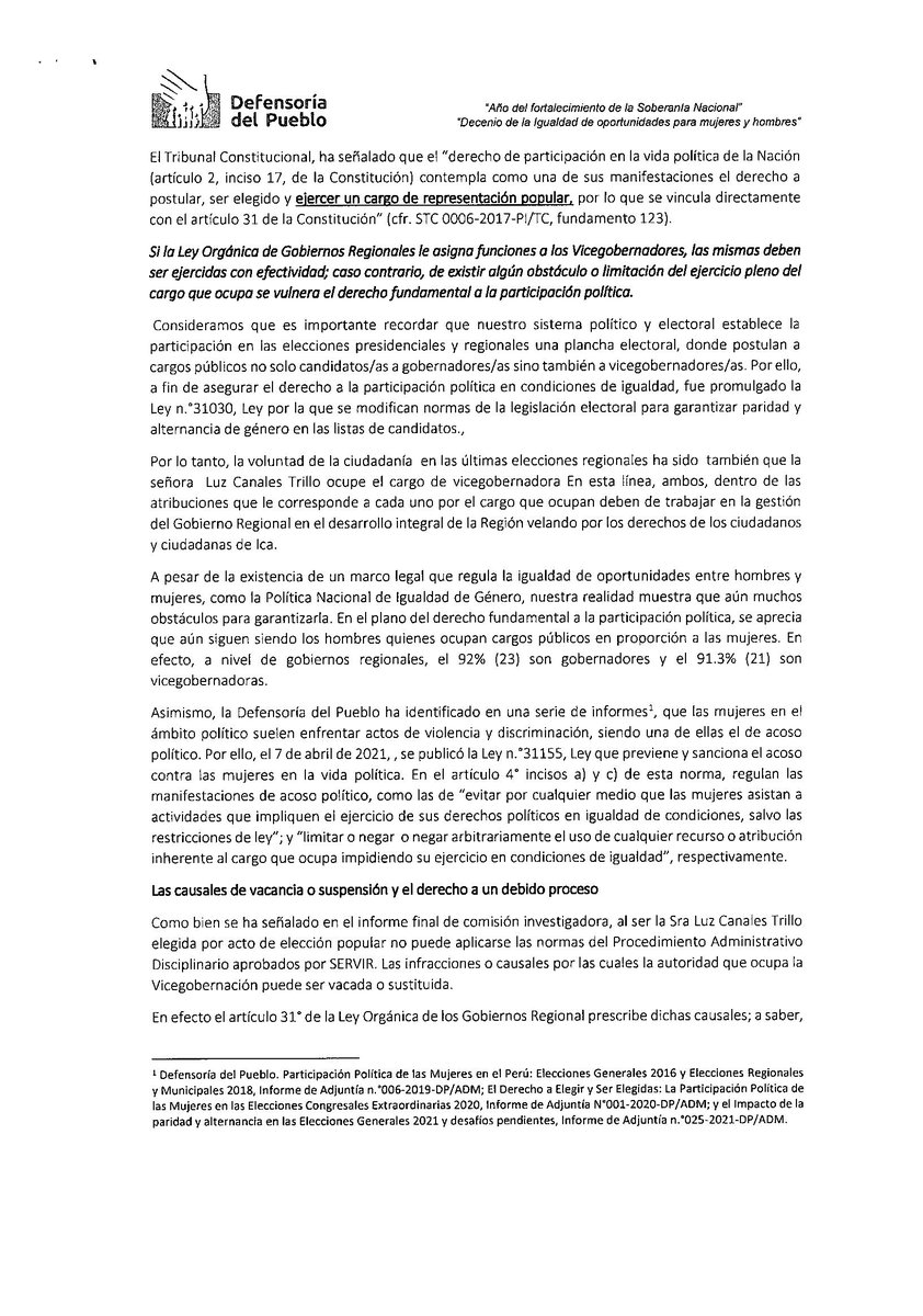 Defensoria_Peru's tweet photo. #DeUnaVezPorTodas En oficio a consejero delegado de #Ica, Luis Castro, solicitamos que, en nueva sesión convocada para el 21 de abril, se reconsidere el acuerdo adoptado en la sesión del 5 de abril, en donde se suspende a la vicegobernadora, quien denunció acoso político. (1/5) https://t.co/NqaUJHiqex