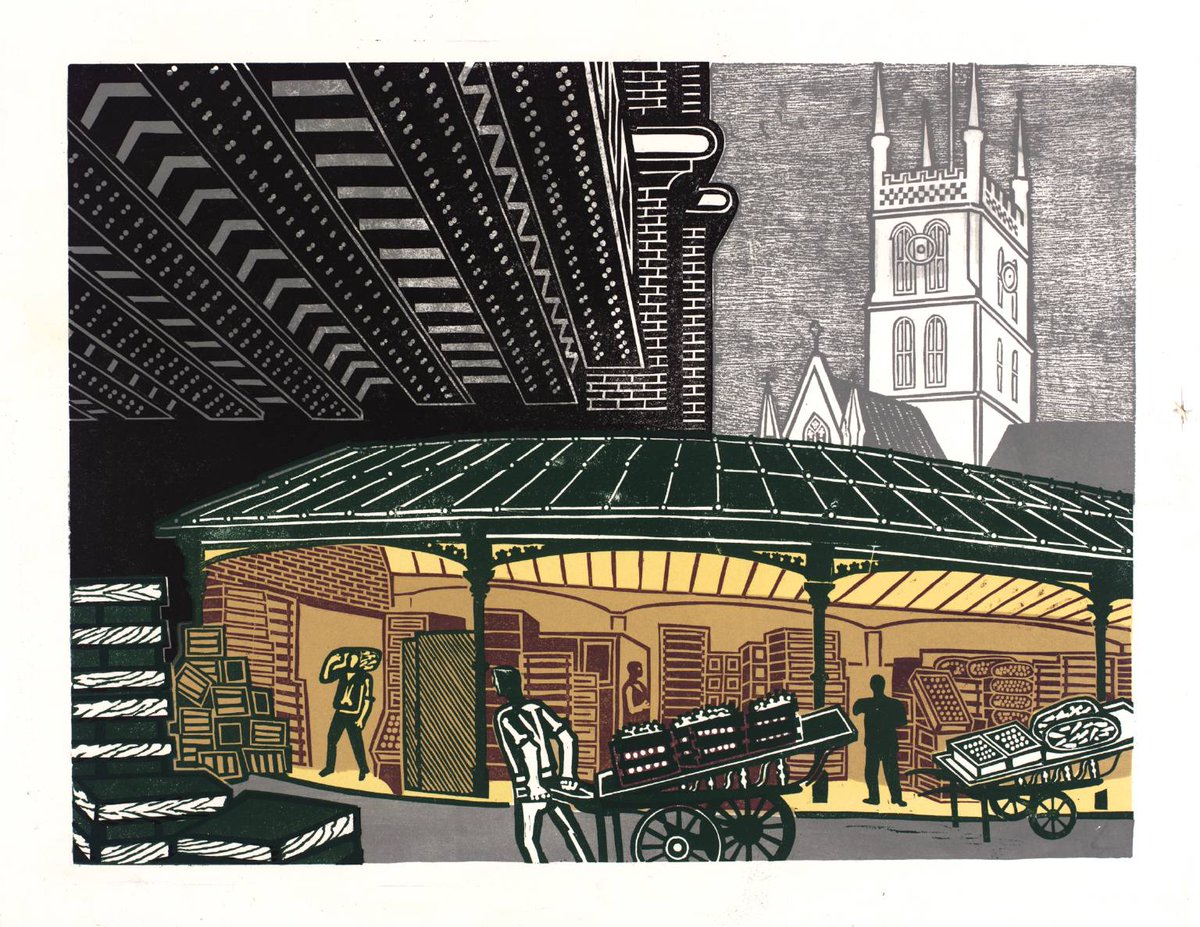 OSaumarezSmith's tweet photo. Edward Bawden 1967 London markets series. Here Billingsgate, Borough, Covent Garden, &amp; Smithfield https://t.co/1yjG0fOqiz