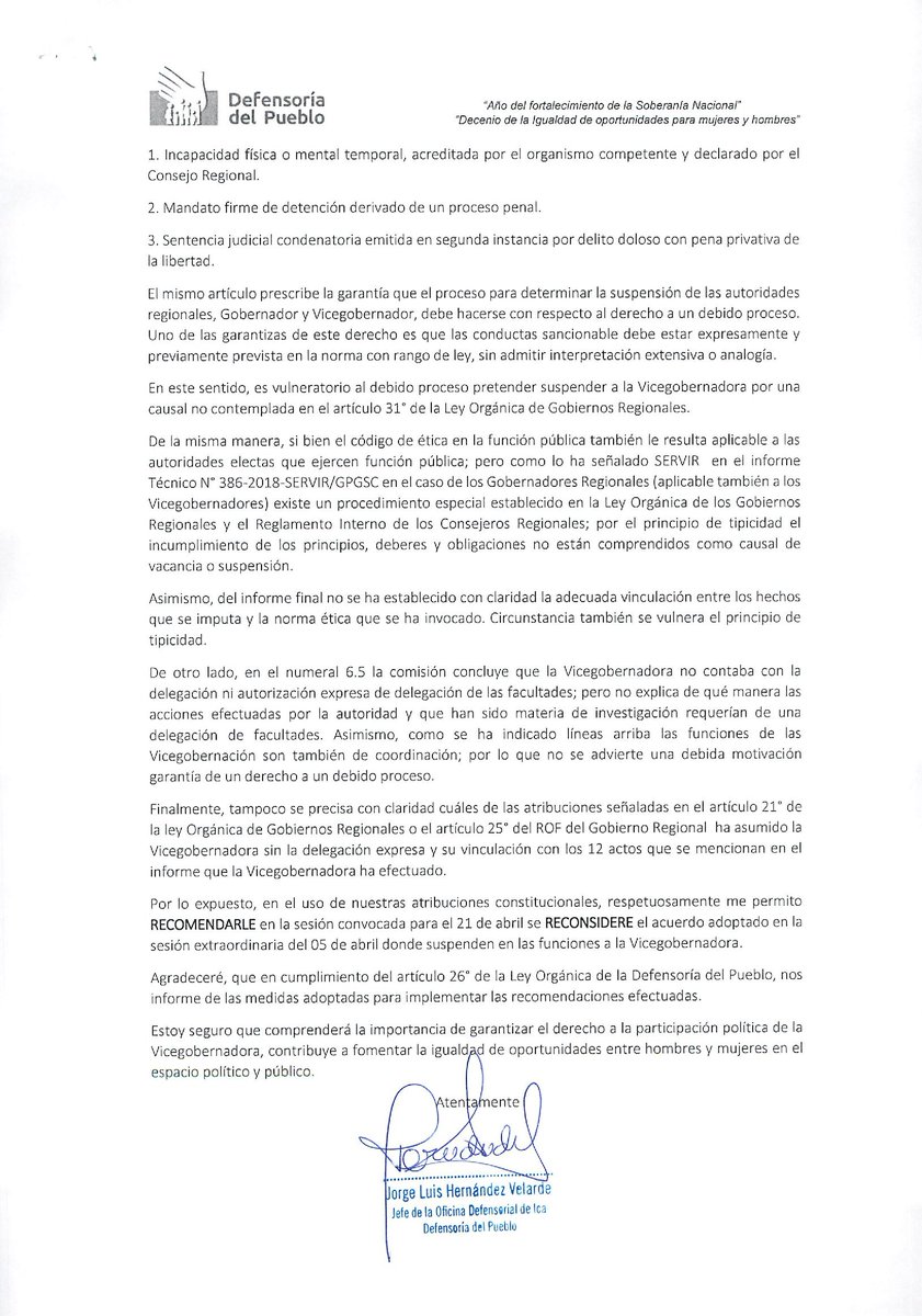 Defensoria_Peru's tweet photo. #DeUnaVezPorTodas En oficio a consejero delegado de #Ica, Luis Castro, solicitamos que, en nueva sesión convocada para el 21 de abril, se reconsidere el acuerdo adoptado en la sesión del 5 de abril, en donde se suspende a la vicegobernadora, quien denunció acoso político. (1/5) https://t.co/NqaUJHiqex