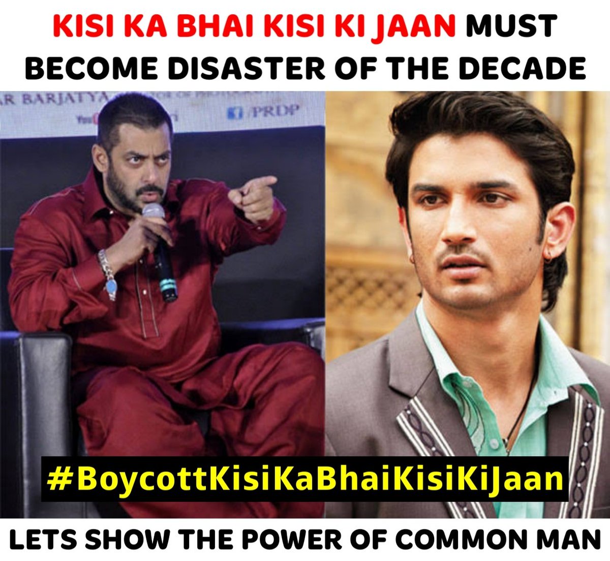 sushantify's tweet photo. Salman Khan misbehaved, disrespected &amp; allegedly conspired to ruin Sushant's career. His film with ₹150 crores budget releasing tomorrow.

Please show our unity and make his film a super duper flop. #BoycottKisiKaBhaiKisiKiJaan https://t.co/4mlY0PAvqo