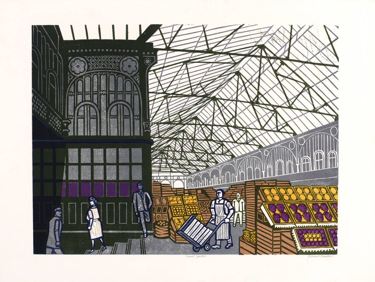 OSaumarezSmith's tweet photo. Edward Bawden 1967 London markets series. Here Billingsgate, Borough, Covent Garden, &amp; Smithfield https://t.co/1yjG0fOqiz