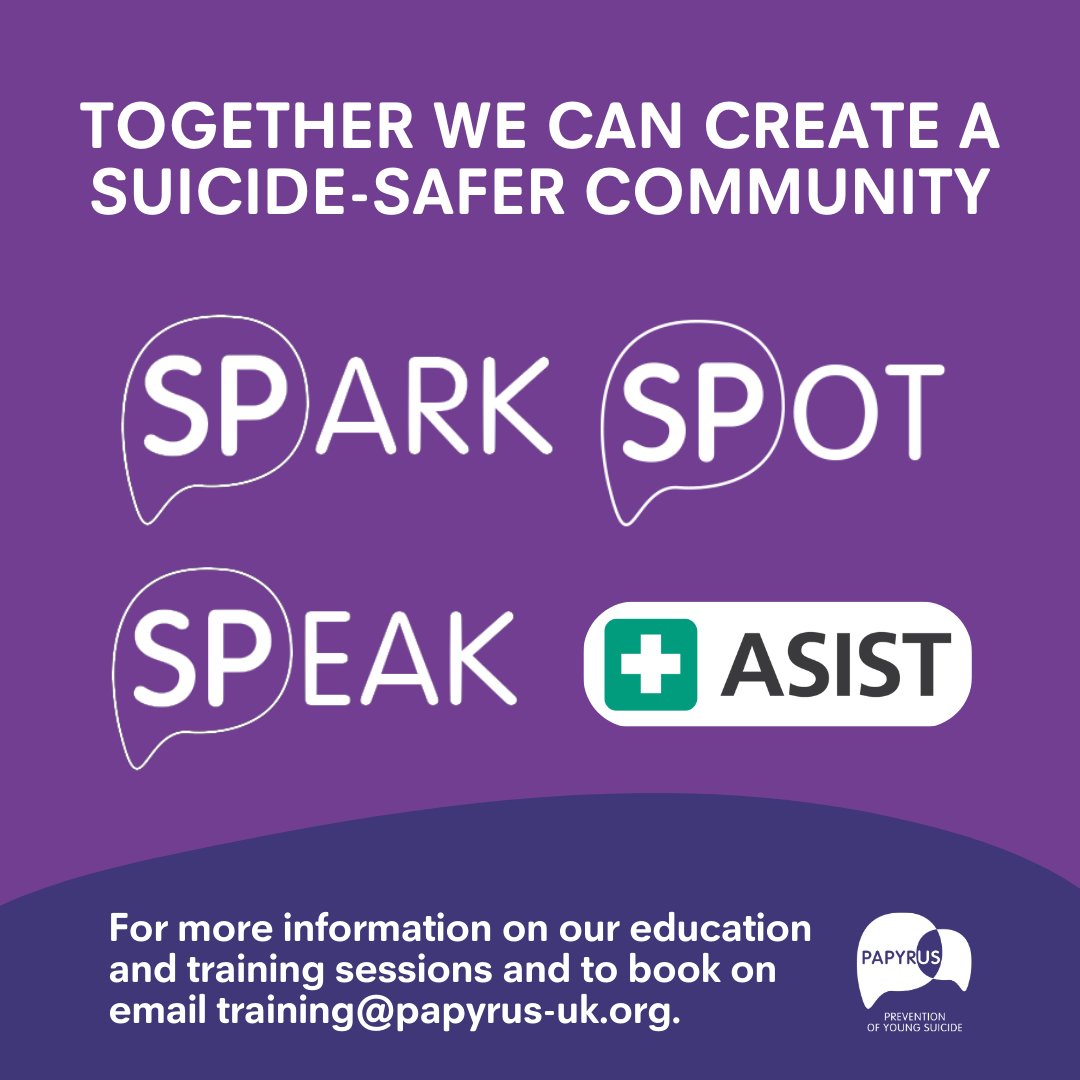 PAPYRUS (@papyrus_charity) on Twitter photo PAPYRUS offers a range of suicide prevention training available to individuals, organisations and communities who want to create a suicide-safer society.
For information about what we can offer, please contact our training team at training@papyrus-uk.org.
#Training #Education PAPYRUS offers a range of suicide prevention training available to individuals, organisations and communities who want to create a suicide-safer society.
For information about what we can offer, please contact our training team at training@papyrus-uk.org.
#Training #Education
