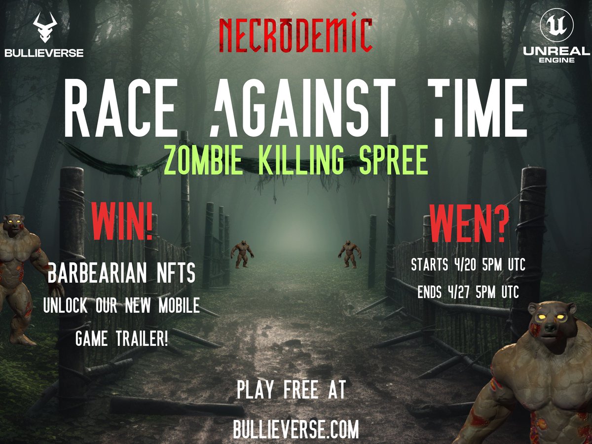 Bullieverse's tweet photo. The race is on to unlock our new mobile game trailer!  

This Necrodemic zombie killing spree is free to play, so invite some reinforcements! 

The more zombies we defeat together, the sooner we will drop the trailer 📅

Join:
https://t.co/e8J0BbHKMC https://t.co/Hv5OFf9YUi
