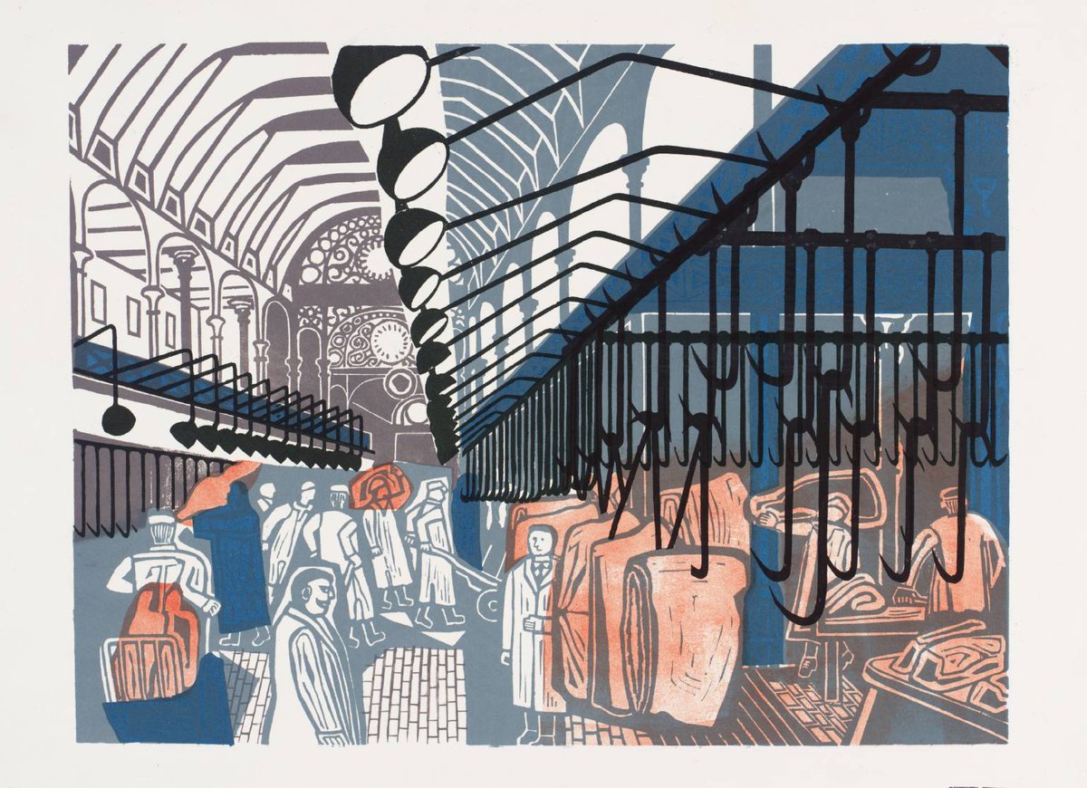 OSaumarezSmith's tweet photo. Edward Bawden 1967 London markets series. Here Billingsgate, Borough, Covent Garden, &amp; Smithfield https://t.co/1yjG0fOqiz