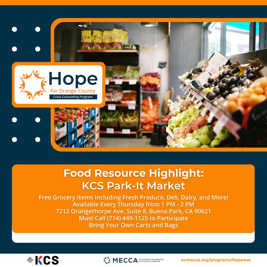 KCSHealthCenter's tweet photo. Mark your calendar for our Park-It Market, happening every Thursday between 1-2 pm. If you're interested in joining, please call 714.449.1125 to register.

#ocmecca #hopefororangecounty #crisiscounseling https://t.co/gBCdPonEu0