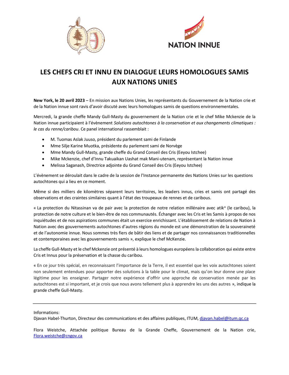 Chefs Cri et Innu en dialogue avec homologues Samis au Forum permanent Nations Unies questions autochtones / Cree and Innu leaders in dialogue whit Sami Counterparts at United Nations’ Permanent Forum on Indigenous Issues #UNPFII <a href="/UN4Indigenous/">UNPFII</a> <a href="/mckentshe/">Mike Mckenzie</a> @Mandyingaround <a href="/gcccra/">Cree Nation Govt.</a>