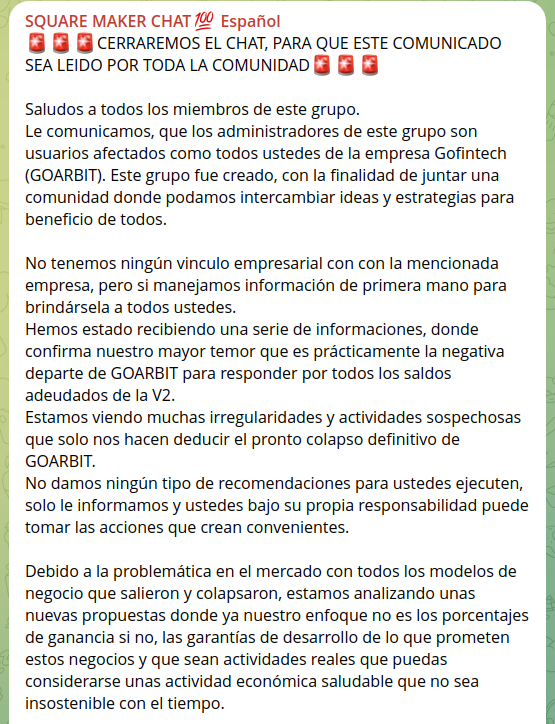 mis2centavos's tweet photo. CONFIRMADO
Cayó la estafa piramidal #Goarbit (#Gofintech). Los cabecillas, cómodamente refugiados en Dubai, como de costumbre. https://t.co/uMkbXKKHnV