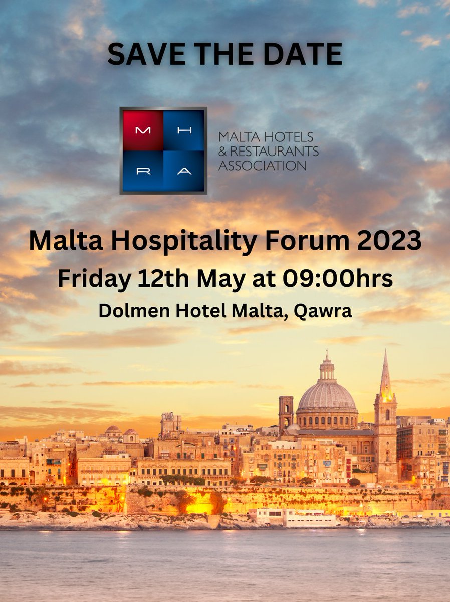 𝗦𝗔𝗩𝗘 𝗧𝗛𝗘 𝗗𝗔𝗧𝗘  | 𝗠𝗛𝗥𝗔 𝗠𝗮𝗹𝘁𝗮 𝗛𝗼𝘀𝗽𝗶𝘁𝗮𝗹𝗶𝘁𝘆 𝗙𝗼𝗿𝘂𝗺 𝟮𝟬𝟮𝟯
𝘋𝘢𝘵𝘦:  12𝘵𝘩 𝘔𝘢𝘺 2023
𝘛𝘪𝘮𝘦: 09:00𝘩𝘳𝘴
𝘝𝘦𝘯𝘶𝘦: 𝘋𝘰𝘭𝘮𝘦𝘯 𝘏𝘰𝘵𝘦𝘭 𝘔𝘢𝘭𝘵𝘢, 𝘘𝘢𝘸𝘳𝘢
Register to receive more info forms.gle/5h6W8vRJEQ8Ka1… 
#MHRA #Tourism #Malta