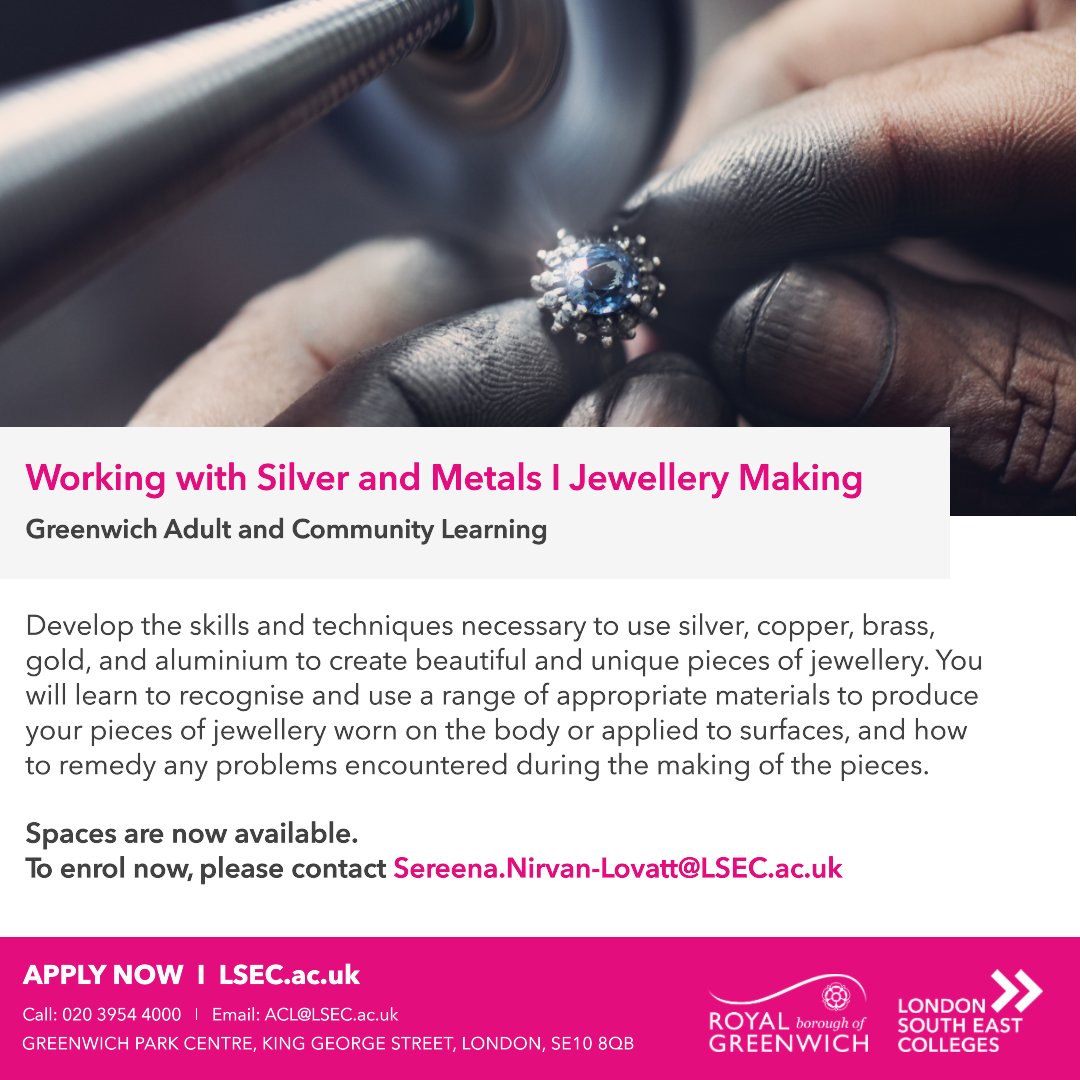 LSEColleges's tweet photo. Are you creative and interested in making your own jewellery? Join us at our ACL campus! We have an amazing course in Silver & Metals - apply now and unleash your creative spark! #jewellerymaking #ACL #GETONCOURSE
Working with Silver and Metals - https://t.co/rnP3KFZQyW https://t.co/5oXZkQDAfv