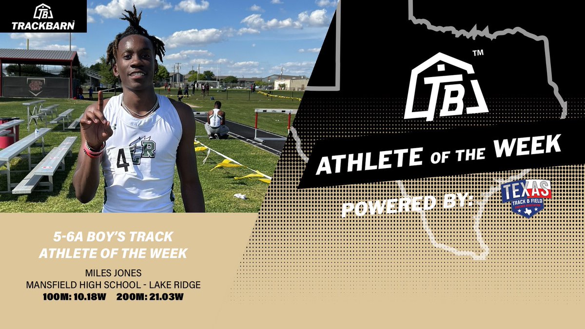 trackbarn's tweet photo. 📢AOTW ALERT📢

Congratulations to Miles Jones for being recognized as this week’s 5-6A Boy’s Track Athlete of the Week‼️ @TTFCA @LakeRidgeEagles 

#trackbarn #ttfca #trackandfield https://t.co/M9PdhhEzHT