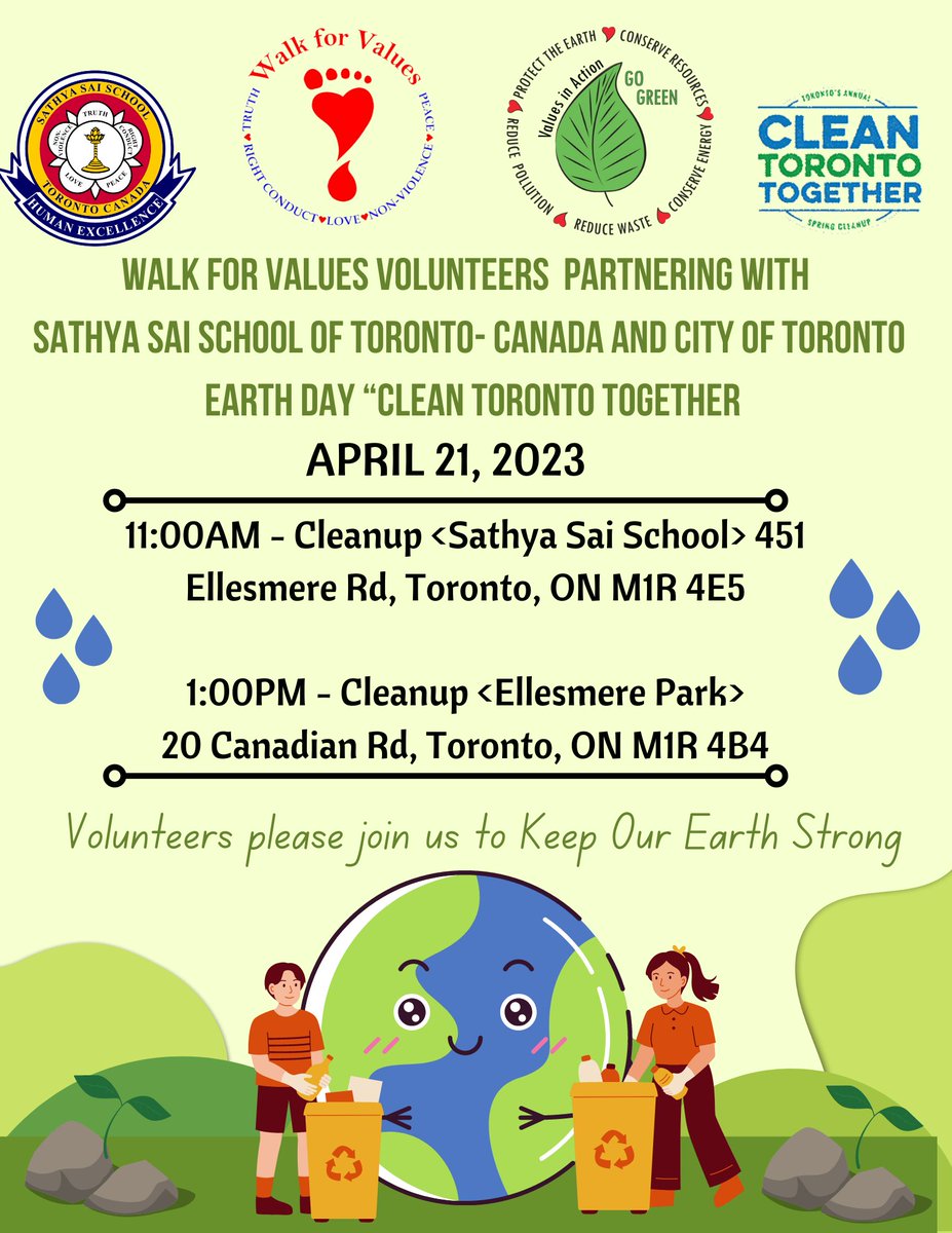 walkforvalues's tweet photo. Walk for Values partnering with Sathya Sai School of Toronto, Canada and  City of Toronto for Earth Day “Clean Toronto Together on April 21 2023
Join us for Earth Day “Clean Toronto Together”  at &amp; Sathya Sai School &amp;  Ellesmere Park in Scarborough https://t.co/UdDIetSlHQ