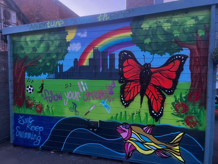 How awesome is this!!! Our outdoor pavilion has been given a make over by our older youth group & Street Style Surgery @SSSurgery #manchestersettlementyouth #youngpeople #streetart #manchester