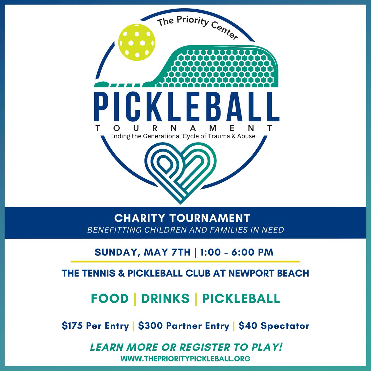 prioritycenter's tweet image. Sign up TODAY to support at-risk children and families in need of life-changing services while competing in The Priority Center’s 3rd Annual Pickleball Tournament  at The Tennis &amp;amp; Pickleball Club at Newport Beach on Sunday, May 7th. Sign up today! theprioritypickleball.org.