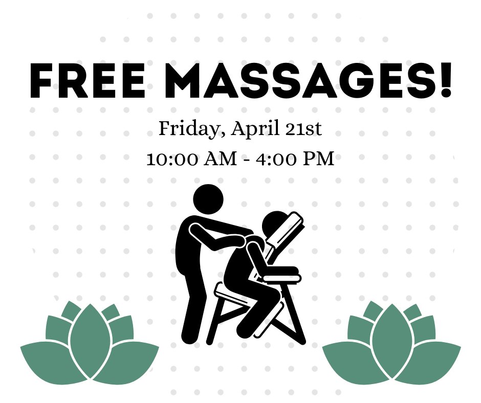 OULibraries's tweet image. If you are in need of some stress relief, consider stopping by the library for FREE MASSAGES! Join us on Friday, April 21st!
Irene's Myomassology Institute is providing free massages between 10 and 4.
You definitely won't want to miss this!
#KresgeLibrary