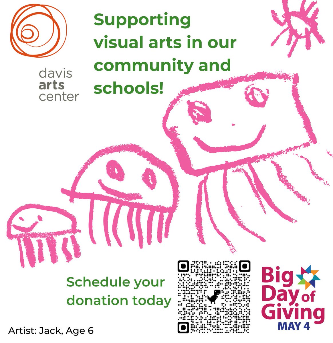 We are excited to feature Jack's art (age 6) for #BDOG2023. Follow us on social media and our email list for the story of his Jellyfish!

Early giving has begun - schedule your donation starting today. 
bigdayofgiving.org/organization/d…
<a href="/bigdayofgiving/">Big Day of Giving</a> 
#bigdayofgiving