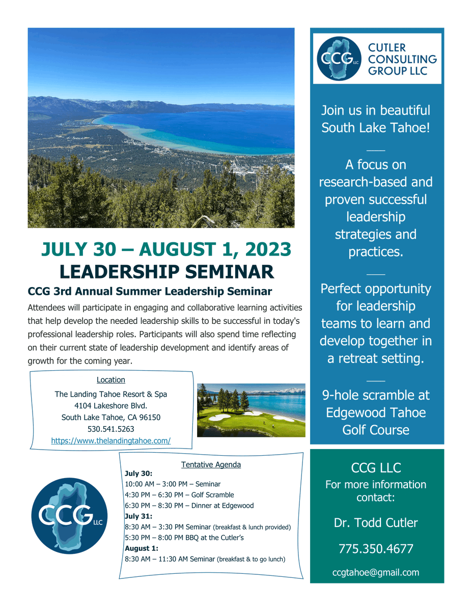 Join Cutler Consulting Group LLC in South Lake Tahoe from July 30th to August 1st, 2023, for their 3rd Annual Summer Leadership Seminar!