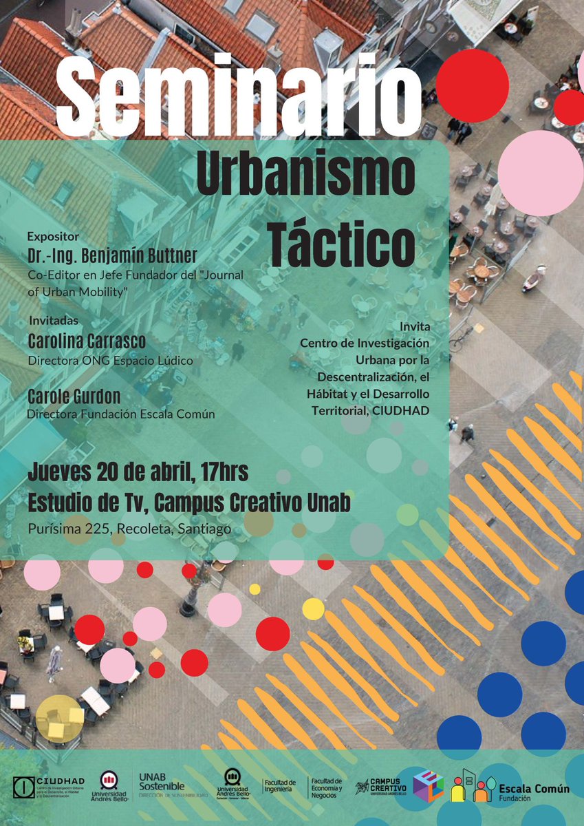 Join us in Santiago de Chile for an exploration of #tacticalurbanism &amp; #streetexperiments at @CIUDHADUNAB! <a href="/Ben_Buettner/">Benjamin Büttner</a>, <a href="/CCarrascoO/">Carolina Carrasco</a> &amp; Carole Gurdon will share their insights on how to create more liveable cities. Organized &amp; moderated by the fabulous @BeaMella. Don't miss out!
