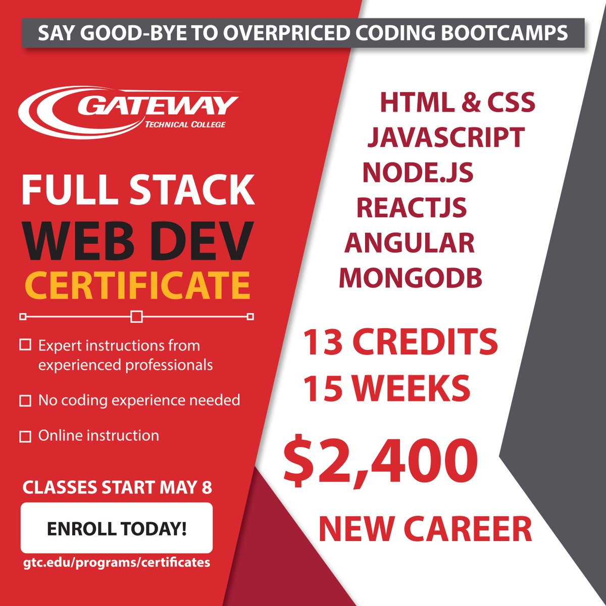 gatewaytech's tweet photo. Get your foot in the door to a lucrative IT career. Gateway's Full Stack Web Developer Certificate gives you a foundation in the skills you need to work in HTML, CSS, JavaScript and more. Learn more at https://t.co/l5SzGfQu1h. https://t.co/Y15R2y5oMn