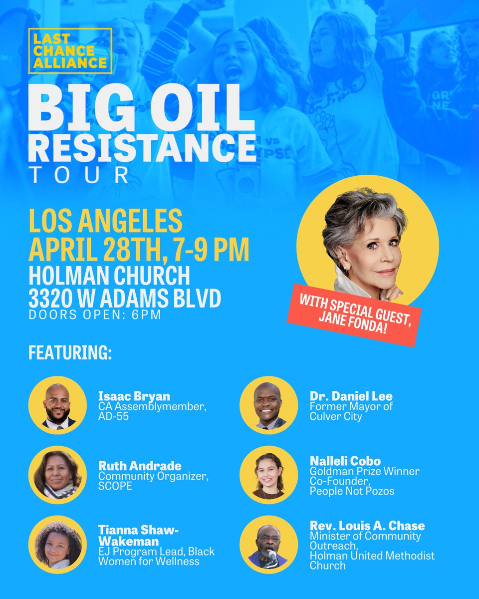 🥁Drumroll please.🥁 @JaneFonda is joining the #BigOilResistance Tour for a powerhouse event in LA next Friday, April 28! @STAND_LA members who WON an end to oil drilling in LA will share what we need next for our communities & climate. Get tickets now! actionnetwork.org/ticketed_event…