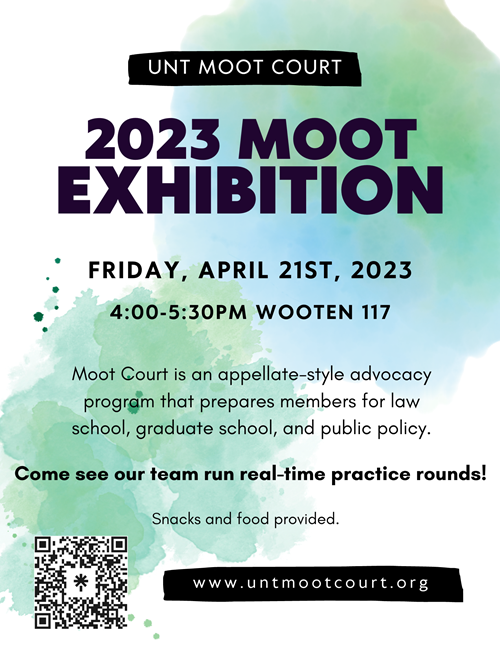 On Friday, April 21st at 4:00 pm in 117 Wooten Hall, we will be hosting an in-person exhibition to show prospective members, friends, and family what moot court is all about. Come meet our members one-on-one and ask questions about the program!