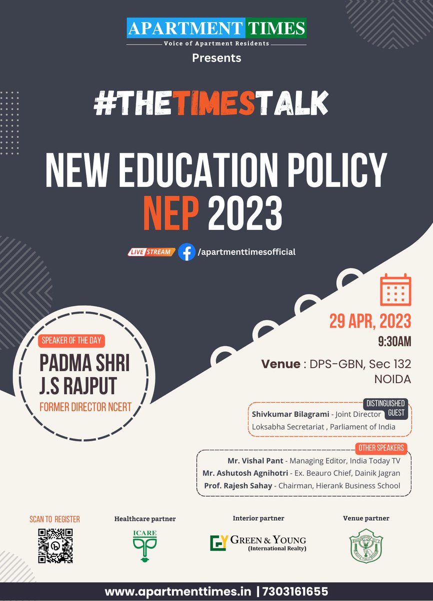 *APARTMENT TIMES PRESENTS* #thetimsestalk on *New India Education Policy* #nep2023 in association with *DPS-GBN* scheduled on 29 April 2023 | 9.30AM at DPS-GBN NOIDA 132 Register for Q&A forms.gle/1Rg7fijQSVeHeF…