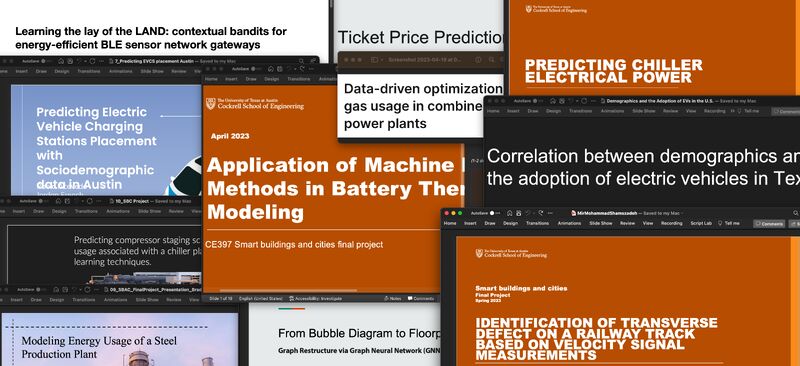 My Smart Buildings and Cities course is wrapping up this week with student project presentation. The breadth of the topics shows the breadth of applications of machine learning and artificial intelligence in Civil, Architectural and Environmental Engineering. <a href="/ut_caee/">UT Austin CAEE</a> <a href="/UTAustin/">UT Austin</a>