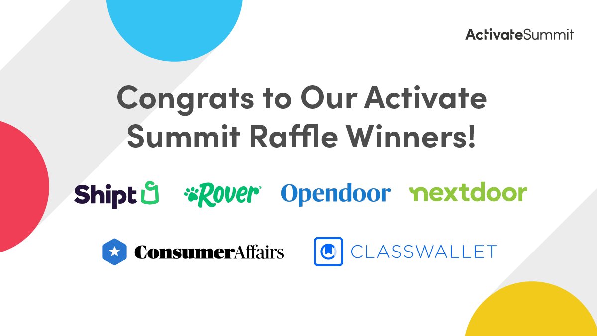 Iterable's tweet photo. Activate Summit was so much fun and, of course, we had to add a little gamification into the mix! Congrats to our in-person and virtual raffle winners. Thanks so much for being part of the fun @Shipt @Opendoor @Nextdoor @ConsumerAffairs @ClassWallet #Rover #Activate23 https://t.co/U2Jb1yNT2z