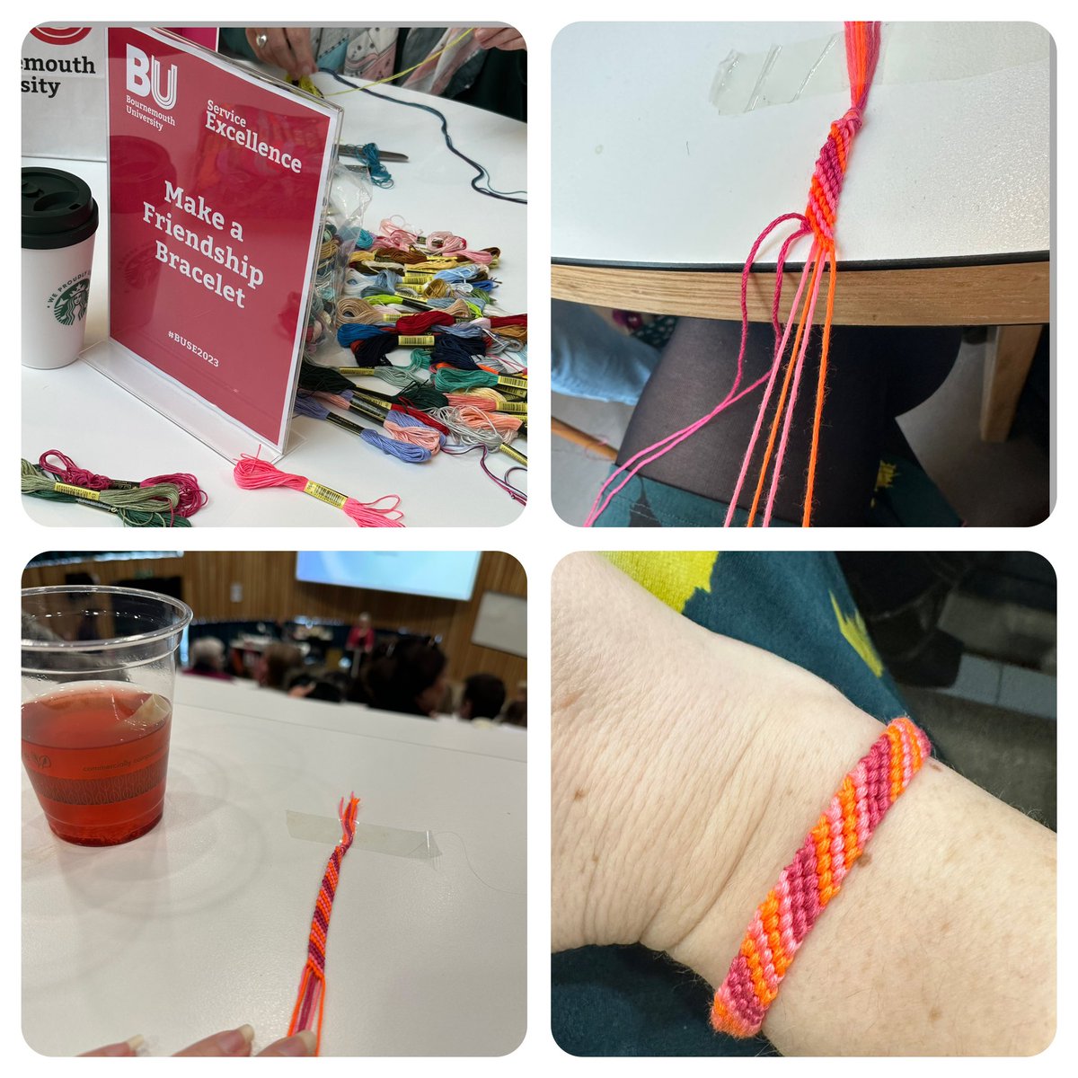PhD_ByTheSea's tweet photo. Living my best life making friendship bracelets at the fantastic Service Excellence conference (in SE colours no less)! Another great year organised by @SusanneSclarke Some great speakers talking about appreciative inquiry, intrapreneurship &amp; dreaming big.  #ServiceExcellence https://t.co/rNFNiSrtxS