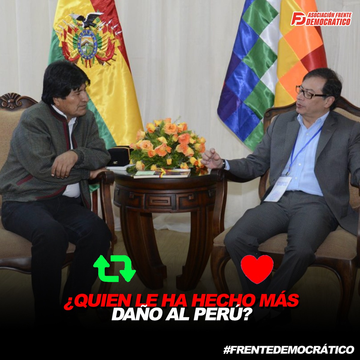 Afdemocratico's tweet photo. ¿Quien le ha hecho más daño al Perú? 

Evo Morales RT                                   Gustavo Petro ❤️ https://t.co/TF3fQqkikC