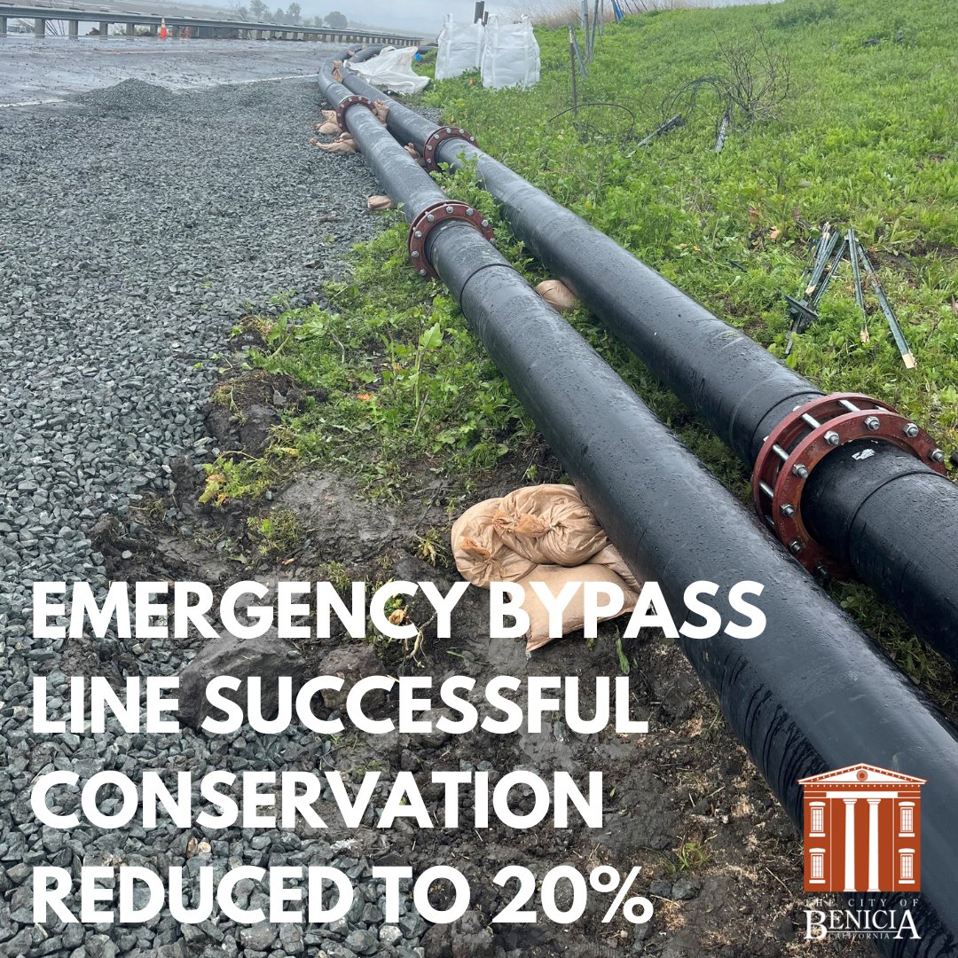 Benicia’s emergency water bypass line successful:
mandatory water conservation measures reduced for Benicia residents and businesses. More info: ci.benicia.ca.us/WaterTransmiss…