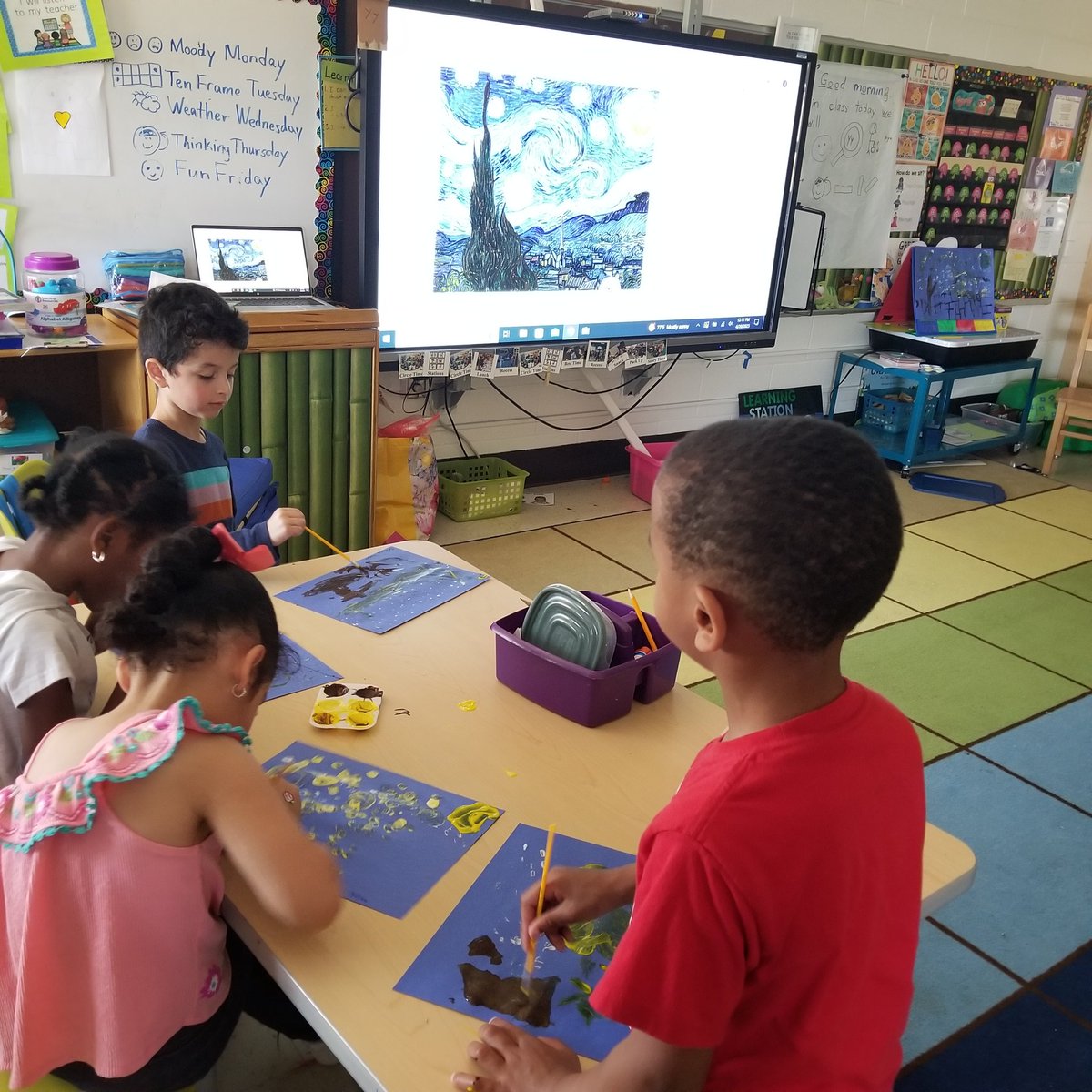 jshaber16's tweet photo. Today for Thinking Thursday, we looked at the painting "Starry Night" by Vincent Van Gogh. We discussed how we felt, ask questions of what we observed,  and what we thought. Then we tried to recreate our own version of the painting. It was fun.@vbHolland @VBPreK @VBTitleI https://t.co/rFDJdQ2W1M