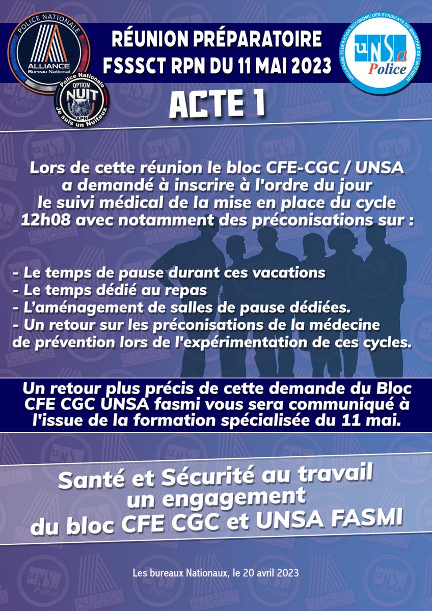 alliancepolice's tweet photo. RÉUNION PRÉPARATOIRE #FSSSCT RPN DU 11 MAI 2023
#sante #securite au travail
Un engagement du Bloc CFE-CGC/UNSA FASMI https://t.co/UWsVxwj2VS