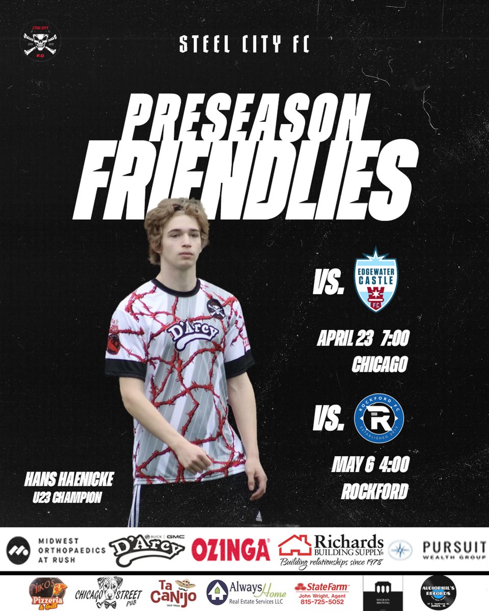 🚨Friendlies
---
🏴‍☠️Travel to Foster and the Lake Sunday night
🏴‍☠️All-time vs <a href="/EdgewaterCastle/">Edgewater Castle FC</a>: 1 win, 1 draw, 9GF, 3GA
- - - 
🏴‍☠️Travel to Wyeth Stadium in May 
🏴‍☠️All time vs <a href="/RockfordFC/">Rockford FC</a>: 1 win; 1 loss; 4GF, 3GA
- - - - 
📅SEASON AND HOME OPENER MAY 17th
🏟️Joliet, IL

#steelcityfc