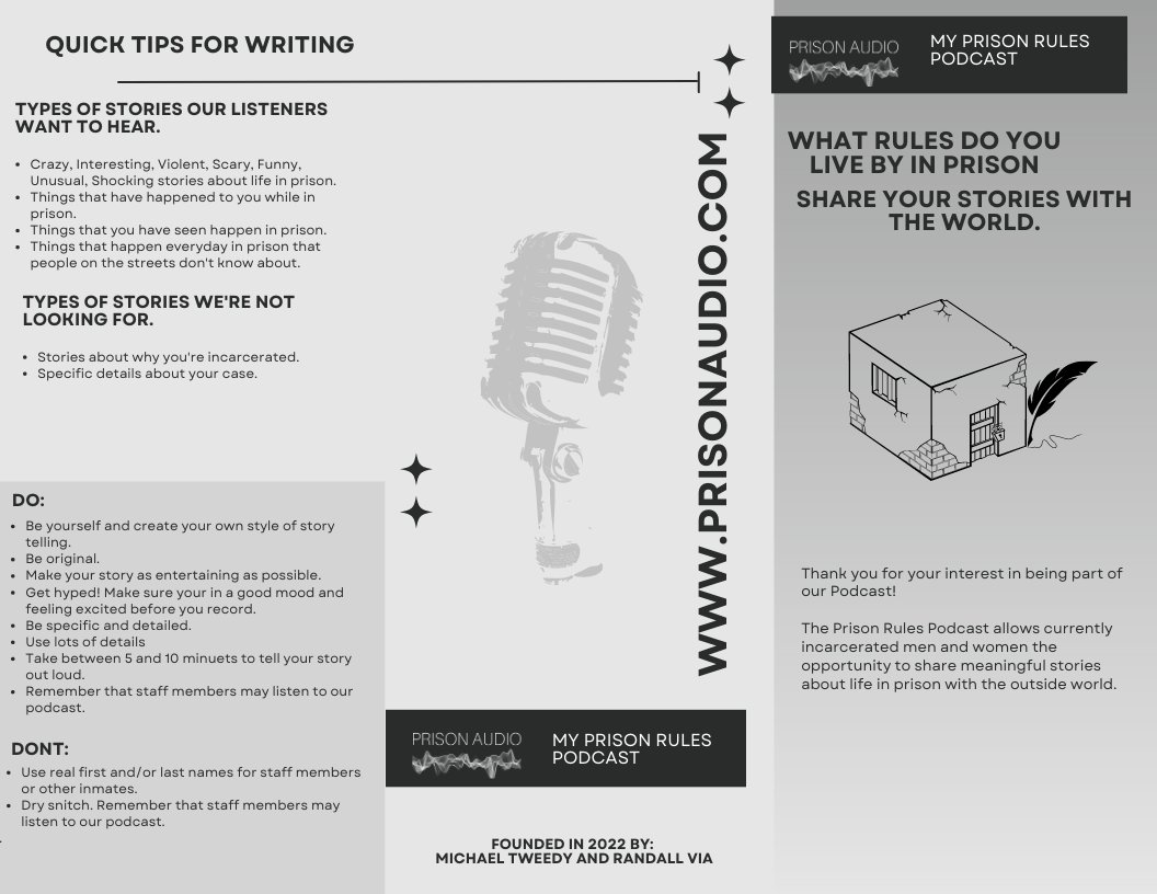 PrisonAudio's tweet photo. The Prison Rules Podcast allows currently incarcerated men and women the opportunity to share meaningful stories about life in prison with the outside world.  Check out this brochure to learn how it works! https://t.co/k464A9h7cz