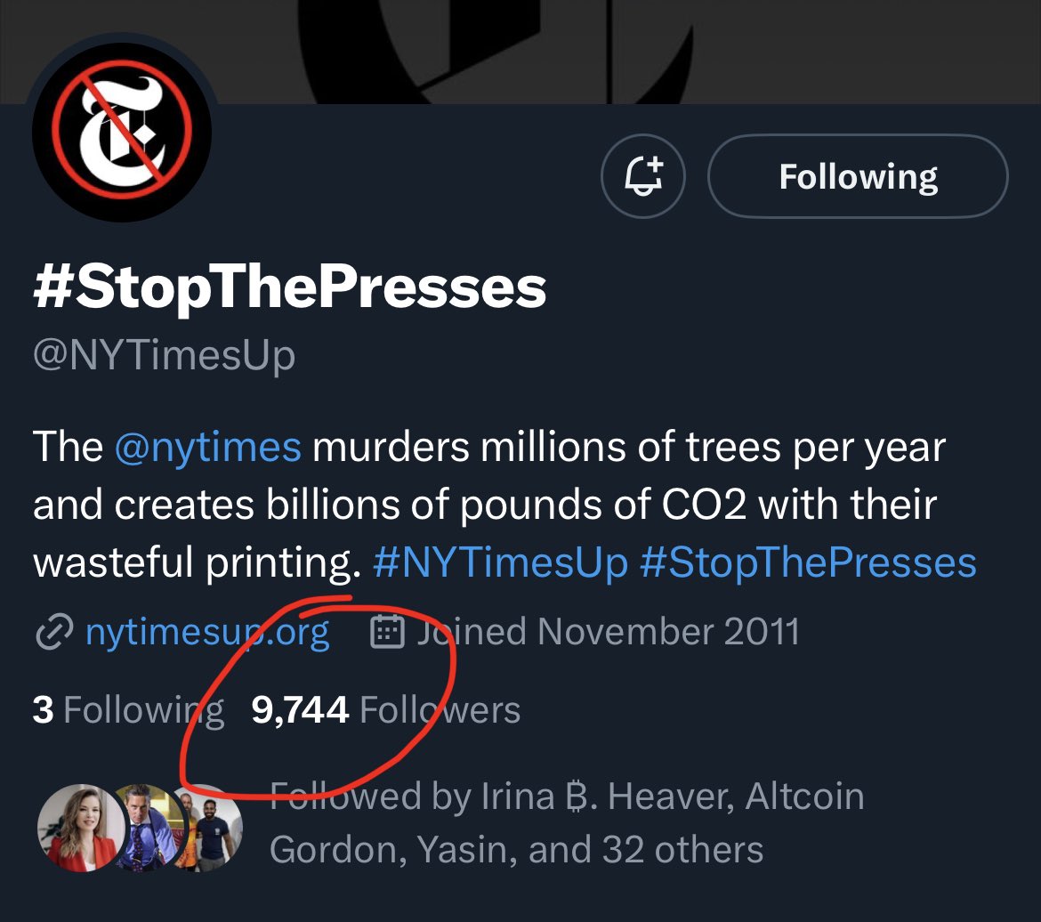 BitcoinArchive's tweet photo. Tell your kids you were in the first 10,000 to support the campaign to #StopThePresses ‼️
Follow👉 @NYTimesUp and Retweet!
#TreeToo https://t.co/IOnZwvJ3o5