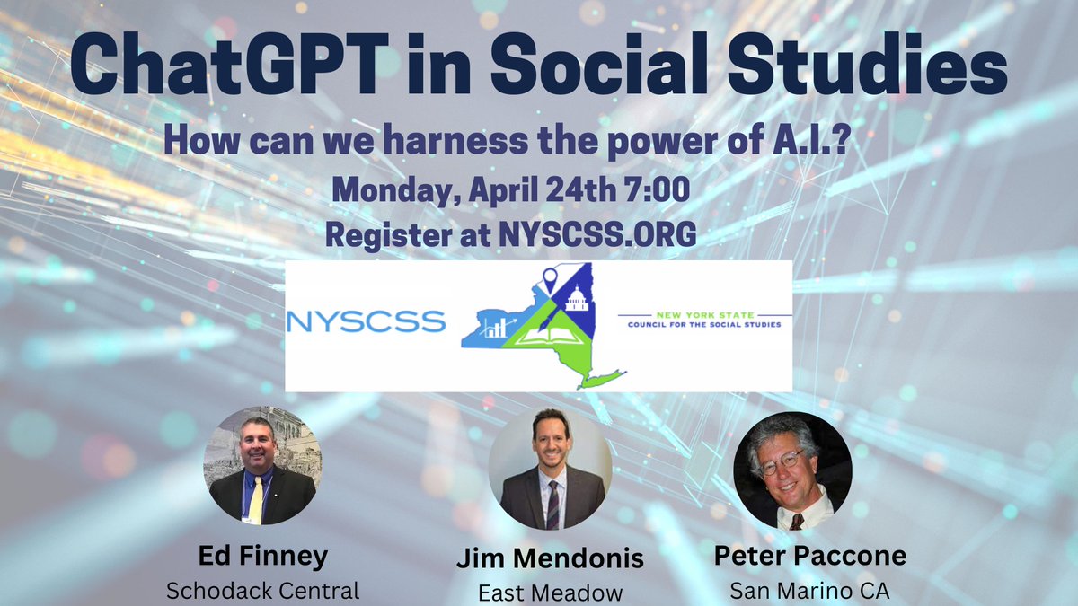 We have just added a guest appearance by @PeterPaccone to the ChatGPT Session on Monday night. Today is the last day to sign up. @NYSCSS @TechNCSS @NCSSNetwork @CDCSSNY1
