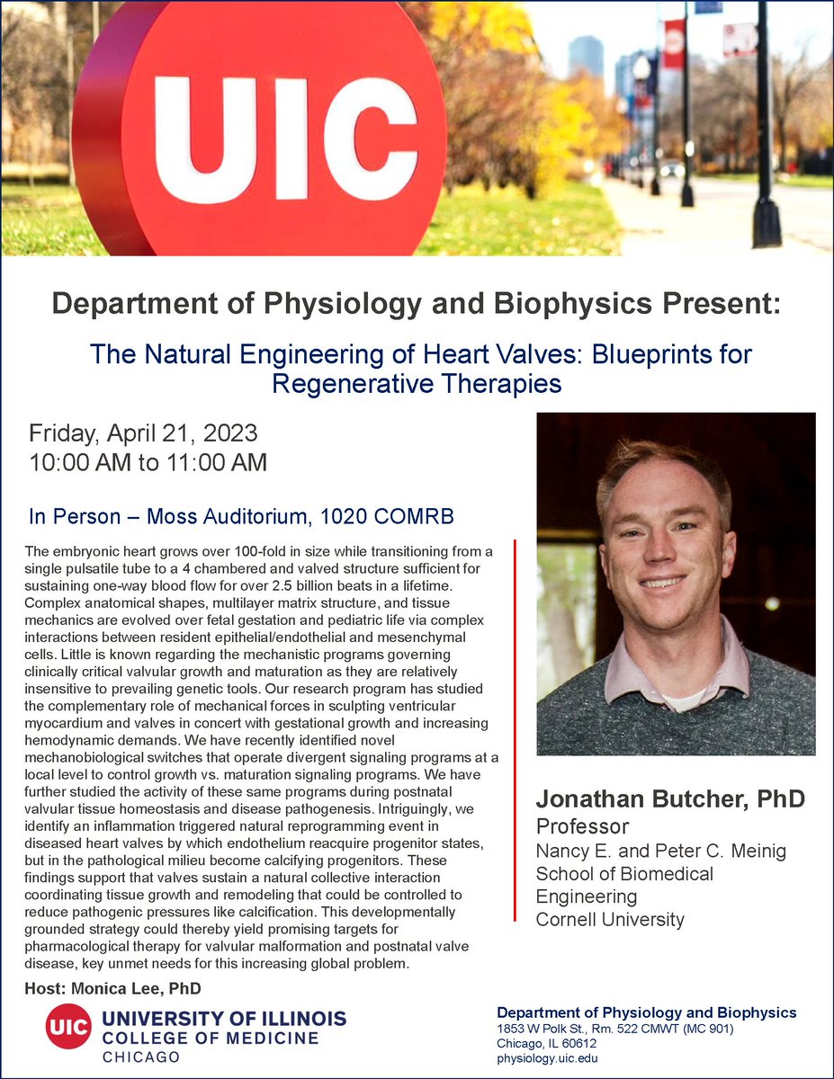 UICPhysiology's tweet photo. Tomorrow!-Friday, April 21 @UICPhysiology
Seminar Series welcomes Dr. Jonathan Butcher from Cornell University to present on “The Natural Engineering of Heart Valves: Blueprints for  Regenerative Therapies" https://t.co/EoxOJUsetL