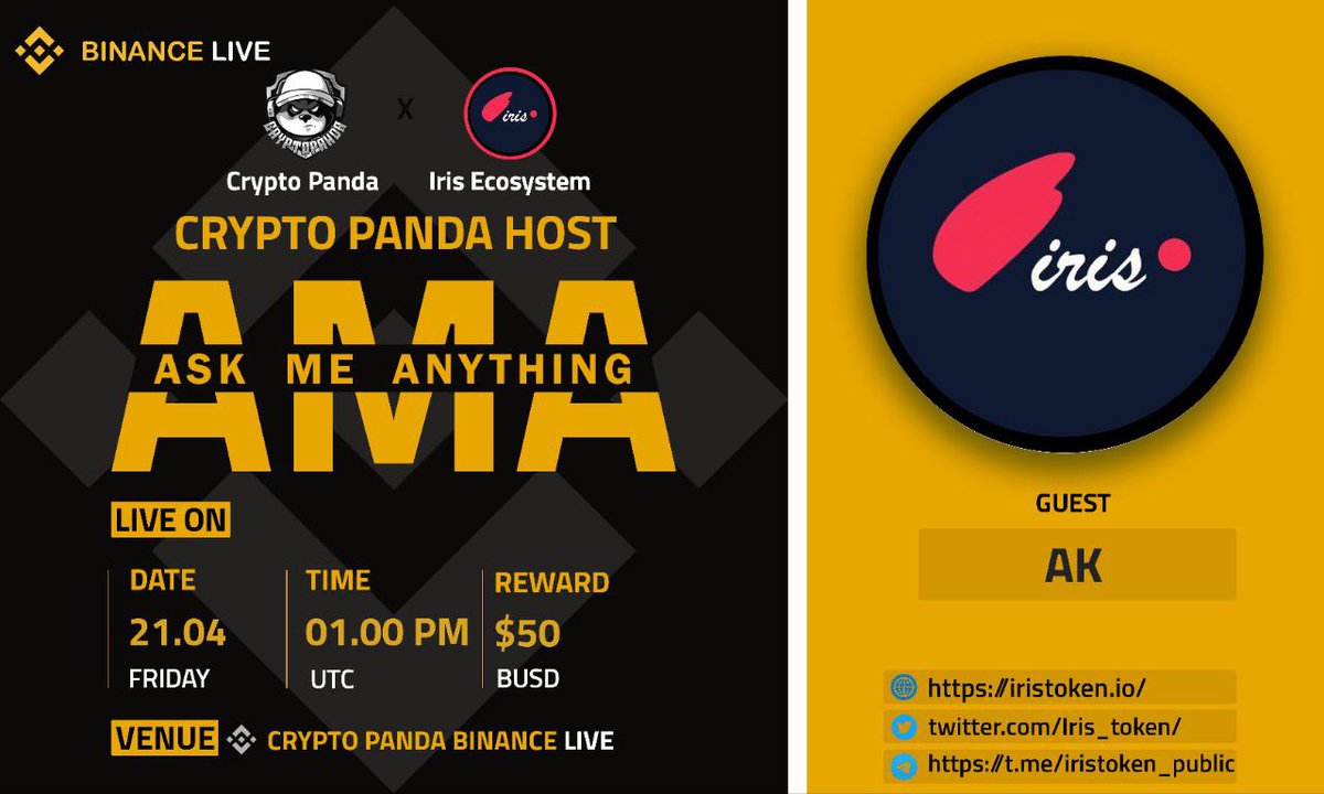 Iris_token's tweet photo. We're pleased to announce our next 𝗕𝗜𝗡𝗔𝗡𝗖𝗘 𝗟𝗜𝗩𝗘 𝗔𝗠𝗔 with Iris Ecosystem
                            
💰 Reward Pool: $50 BUSD

🗓 DATE     : 21 April 2023
⏰ TIME     :  1:00  PM UTC 
🏠 VENUE  :  https://t.co/FkrYDeVHci https://t.co/4wsYd2kF3W