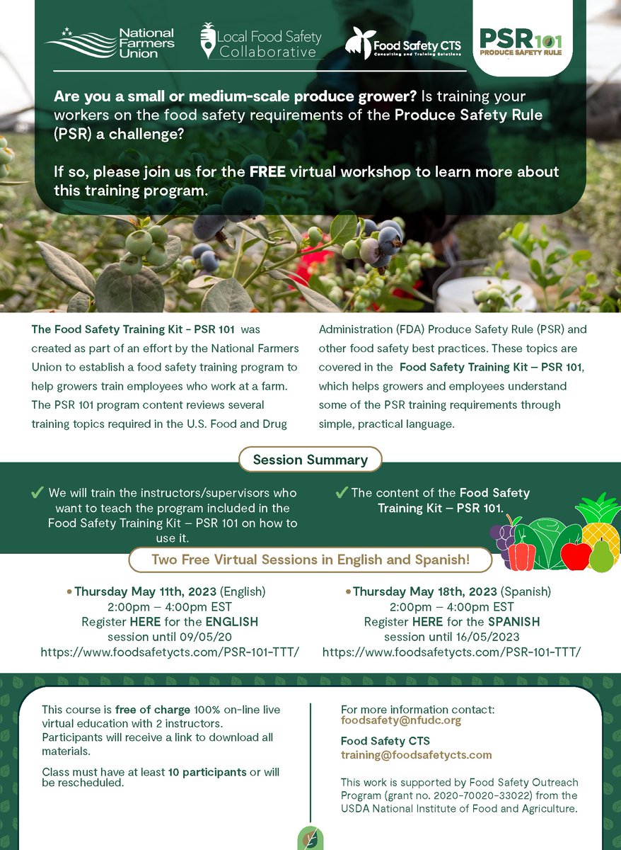 LocalFoodSafety's tweet photo. We will be hosting two PSR 101 Train the Trainer events in May with @foodsafetycts - in English May 11th and Spanish on May 18th. The event is free and designed to help small- to medium-sized growers train employees who work on a farm.

https://t.co/UKaISTqmKX https://t.co/9tgIMOz4Ck