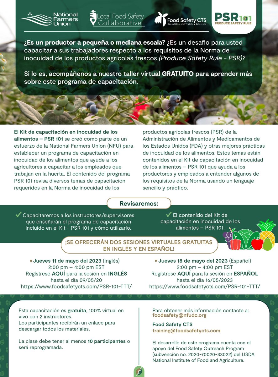 LocalFoodSafety's tweet photo. We will be hosting two PSR 101 Train the Trainer events in May with @foodsafetycts - in English May 11th and Spanish on May 18th. The event is free and designed to help small- to medium-sized growers train employees who work on a farm.

https://t.co/UKaISTqmKX https://t.co/9tgIMOz4Ck