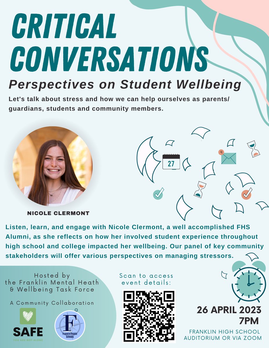 Franklin Public Schools, MA (@franklinpsnews) on Twitter photo Join us on 4/26/2023 @ 7pm in the <a href="/FranklinHS/">FranklinHighSchool</a> Auditorium for our Critical Conversations event.
Engage with our Keynote Nicole Clermont and our panel of community members as they reflect and offer various perspectives on managing stressors.
buff.ly/3UVFoKA Join us on 4/26/2023 @ 7pm in the <a href="/FranklinHS/">FranklinHighSchool</a> Auditorium for our Critical Conversations event.
Engage with our Keynote Nicole Clermont and our panel of community members as they reflect and offer various perspectives on managing stressors.
buff.ly/3UVFoKA