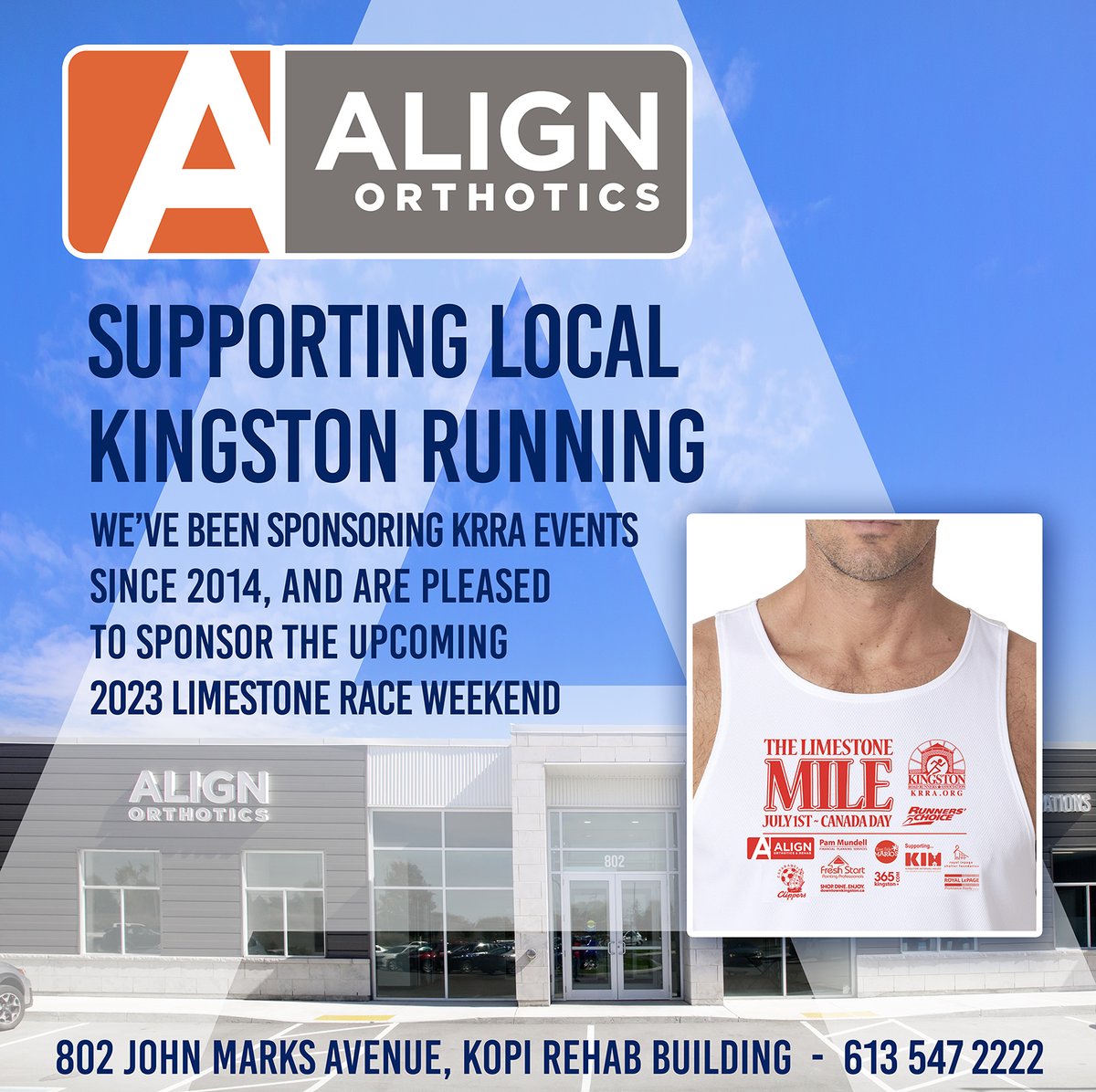 alignorthorehab's tweet photo. We are pleased to support the upcoming @KingstonRunners Limestone Race Weekend on April 29/30. 

Align has been sponsoring KRRA events since 2014 helping athletes w/ gait analysis, #orthotics, compression socks, &amp; pro advice. 
https://t.co/U9nohJYsIo #ygk #kingstonontario https://t.co/SlRu2HkNu1