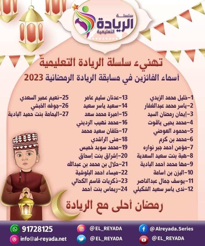 #رمضان_أحلى_مع_الريادة 
#قائمة بأسماء الفائزين بجوائز الريادة لشهر رمضان المبارك
#إلى كل من ذكر اسمه عليه إرسال رسالة  
#مسابقة_رمضان
#الريادة متعة التعليم